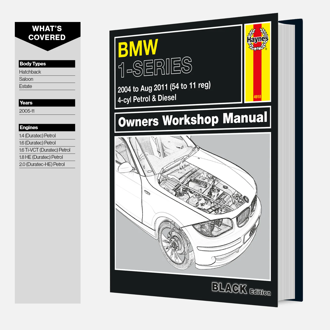BMW 1-Series 4-cyl Petrol & Diesel (2004-Aug 2011) Haynes Repair Manual - Premium Hardback Black Edition