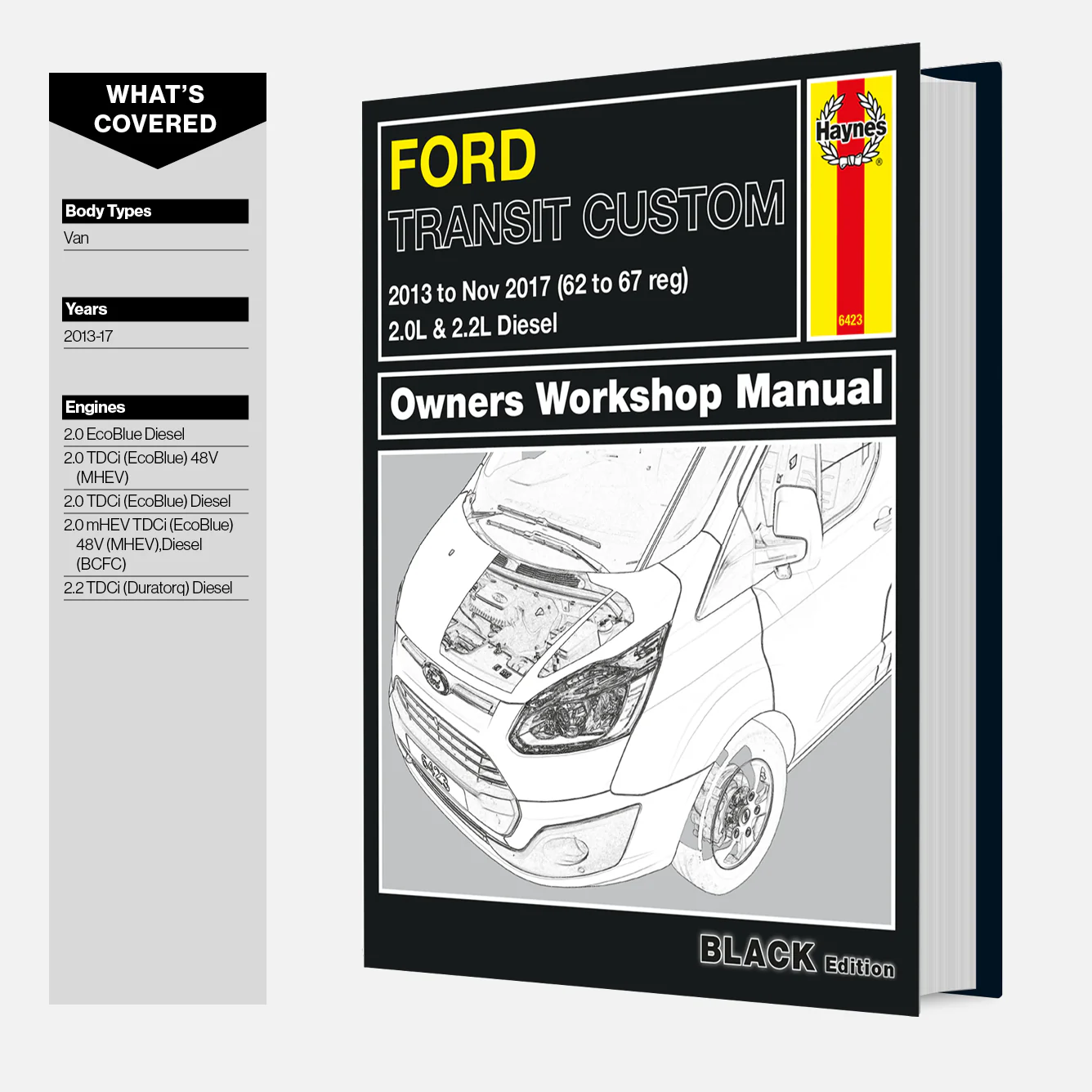 Ford Transit Custom Diesel (2013-Nov 2017) 62 to 67 Haynes Repair Manual - Premium Hardback Black Edition