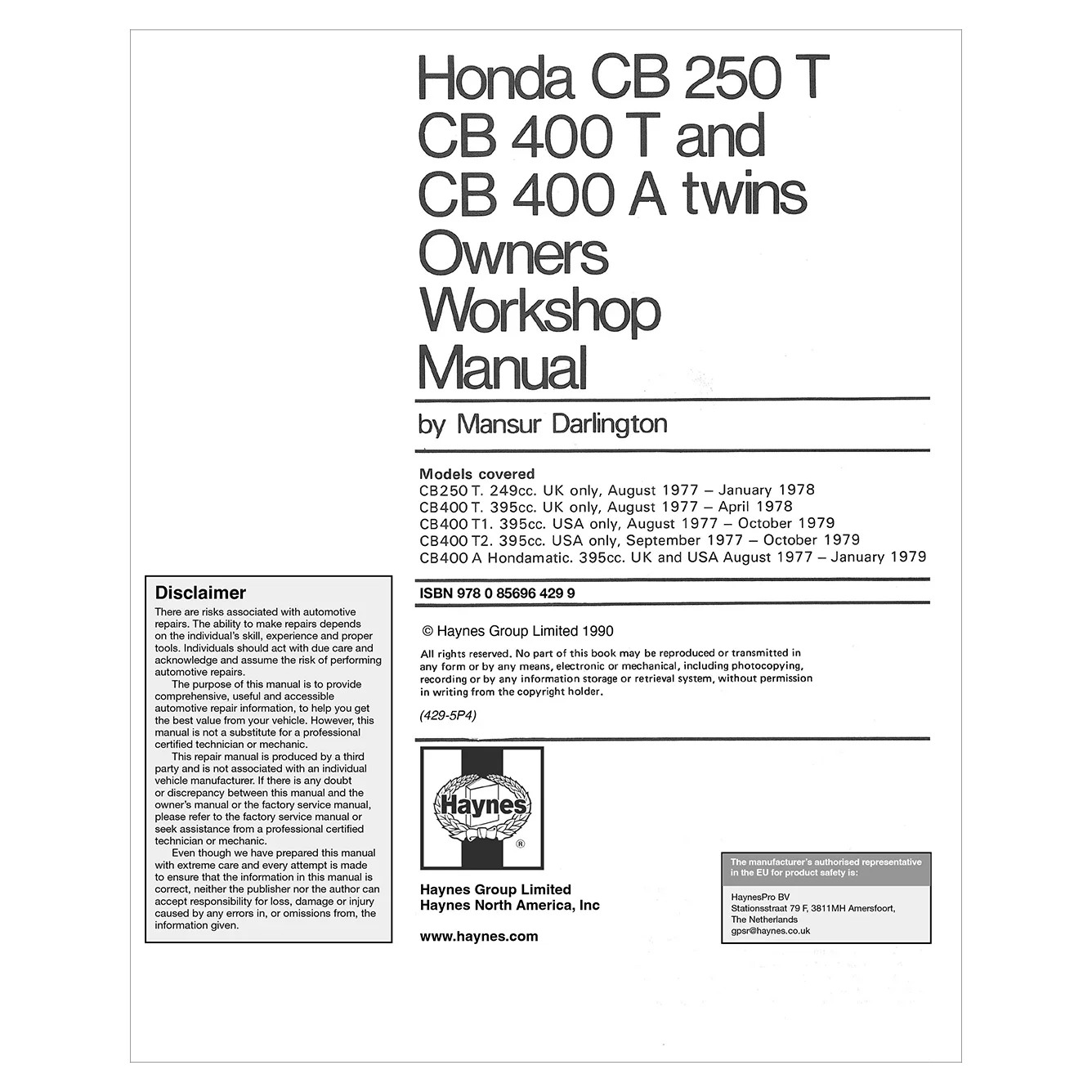 Honda CB250T, CB400T and CB400A Twins Haynes Repair Manual - Image 2