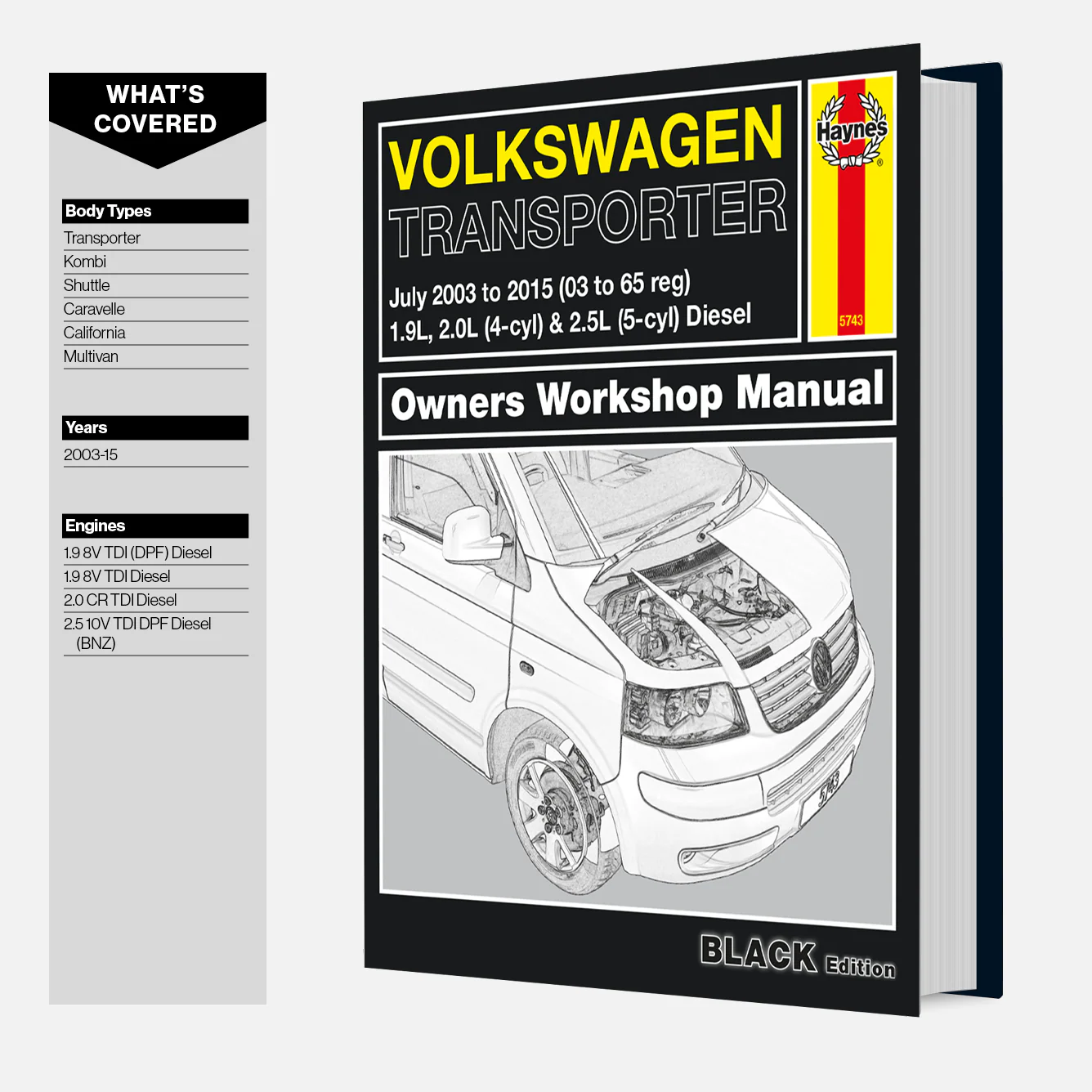 Volkswagen T5 Transporter (July 2003-2015) Haynes Repair Manual - Premium Hardback Black Edition